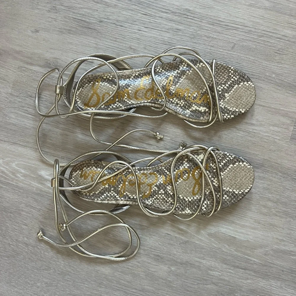 Sam Edelman Tihana Gold Snakeskin Strappy Gladiator Sandals - Picture 2 of 7